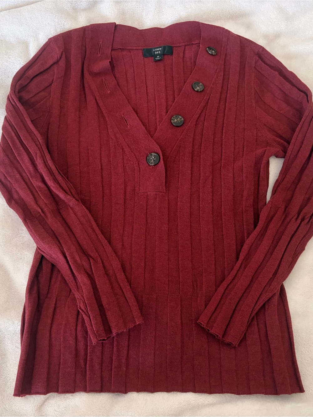 NWOT J. Crew Wool Ribbed V-Neck Sweater with Button Accents in Burgundy